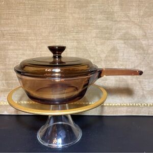 Visions Corning Ware Glass Sauce Pan Pot Amber .5 L PYREX Lid P81C Vtg USA